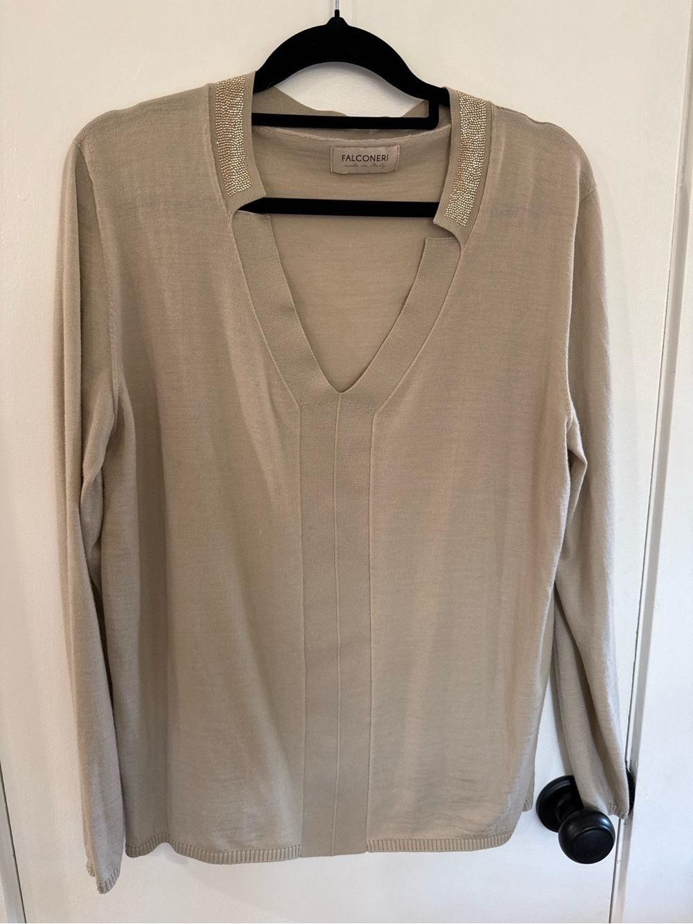 Falconeri Merino Wool Tan V-Neck Long-Sleeve Sweater
